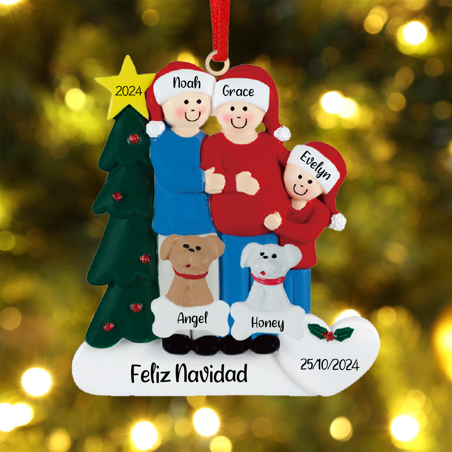 Navidad-Muñecos Ornamentos Navideños de Pareja y peque con 2 Perros 5 Nombres, Año, Fecha y Texto Personalizados Adorno de Madera-Jessemade ES