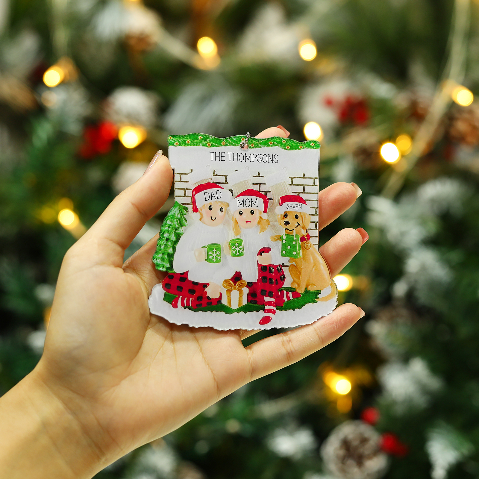 Navidad-Ornamento con Muñecos de Acrílico Familia con Perro 3 Nombres y Texto Personalizados