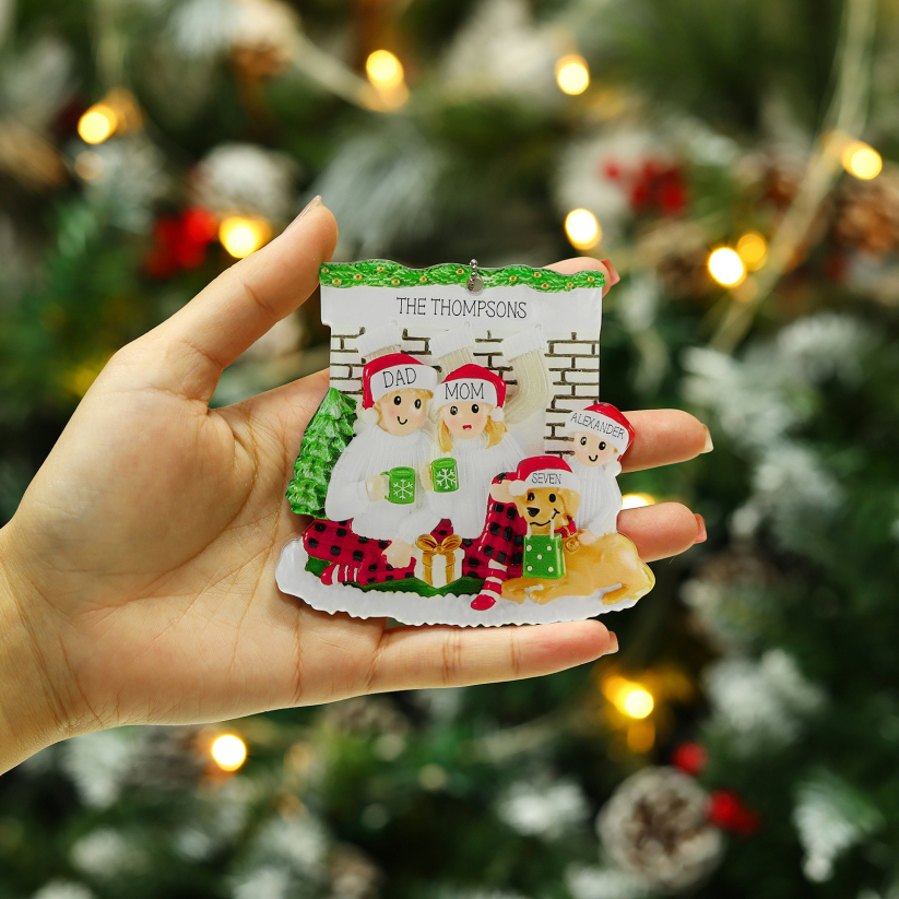 Navidad-Ornamento con Muñecos de Acrílico Familia con Perro 4 Nombres y Texto Personalizados