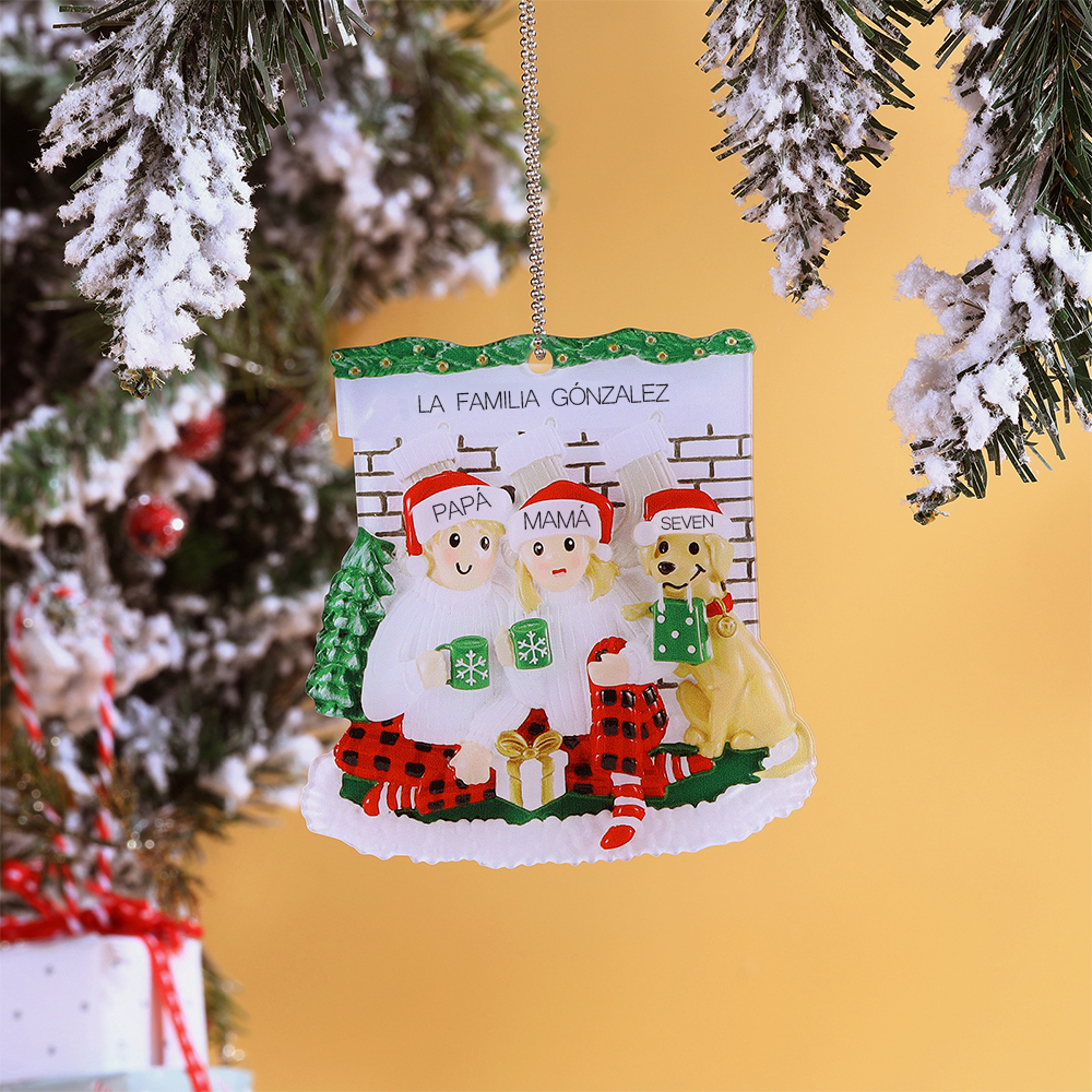 Navidad-Ornamento con Muñecos de Acrílico Familia con Perro 3 Nombres y Texto Personalizados