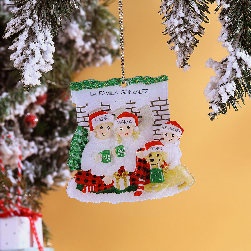 Navidad-Ornamento con Muñecos de Acrílico Familia con Perro 4 Nombres y Texto Personalizados