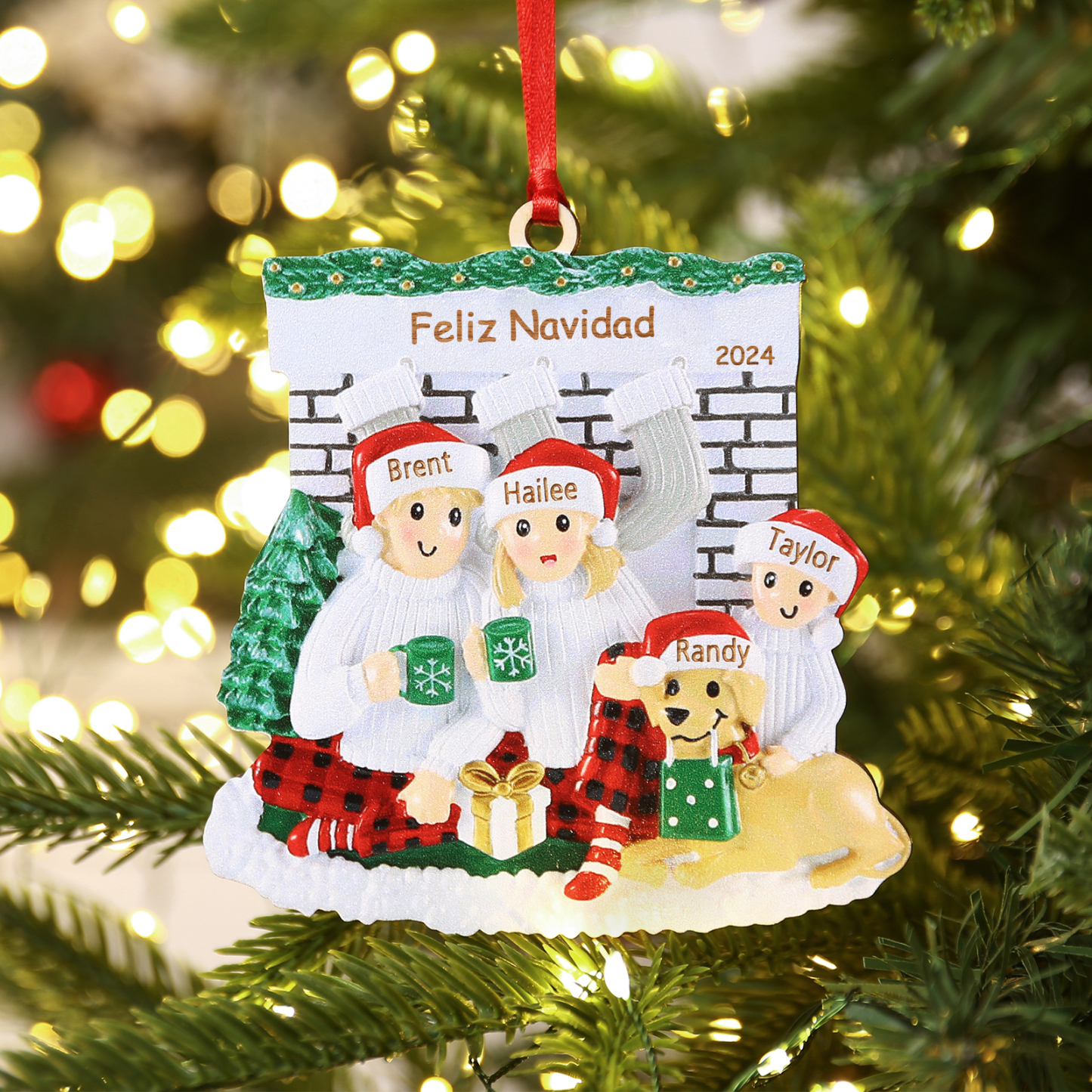 Navidad-Muñecos Ornamentos Navideños Familia con Perro 3-5 Nombres, Año y Texto Personalizados Adorno de Madera-Jessemade ES