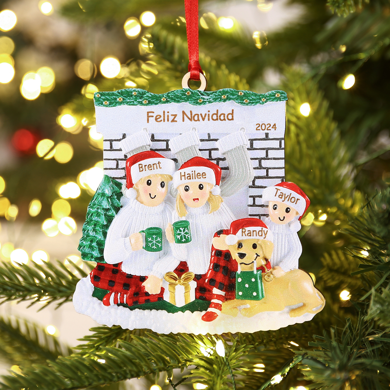 Navidad-Muñecos Ornamentos Navideños Familia con Perro 3-5 Nombres, Año y Texto Personalizados Adorno de Madera-Jessemade ES