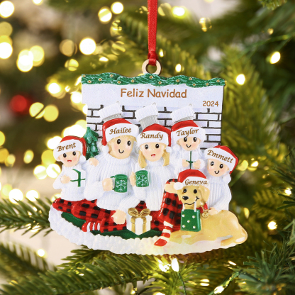 Navidad-Muñecos Ornamentos Navideños Familia con Perro 6 Nombres, Año y Texto Personalizados Adorno de Madera-Jessemade ES