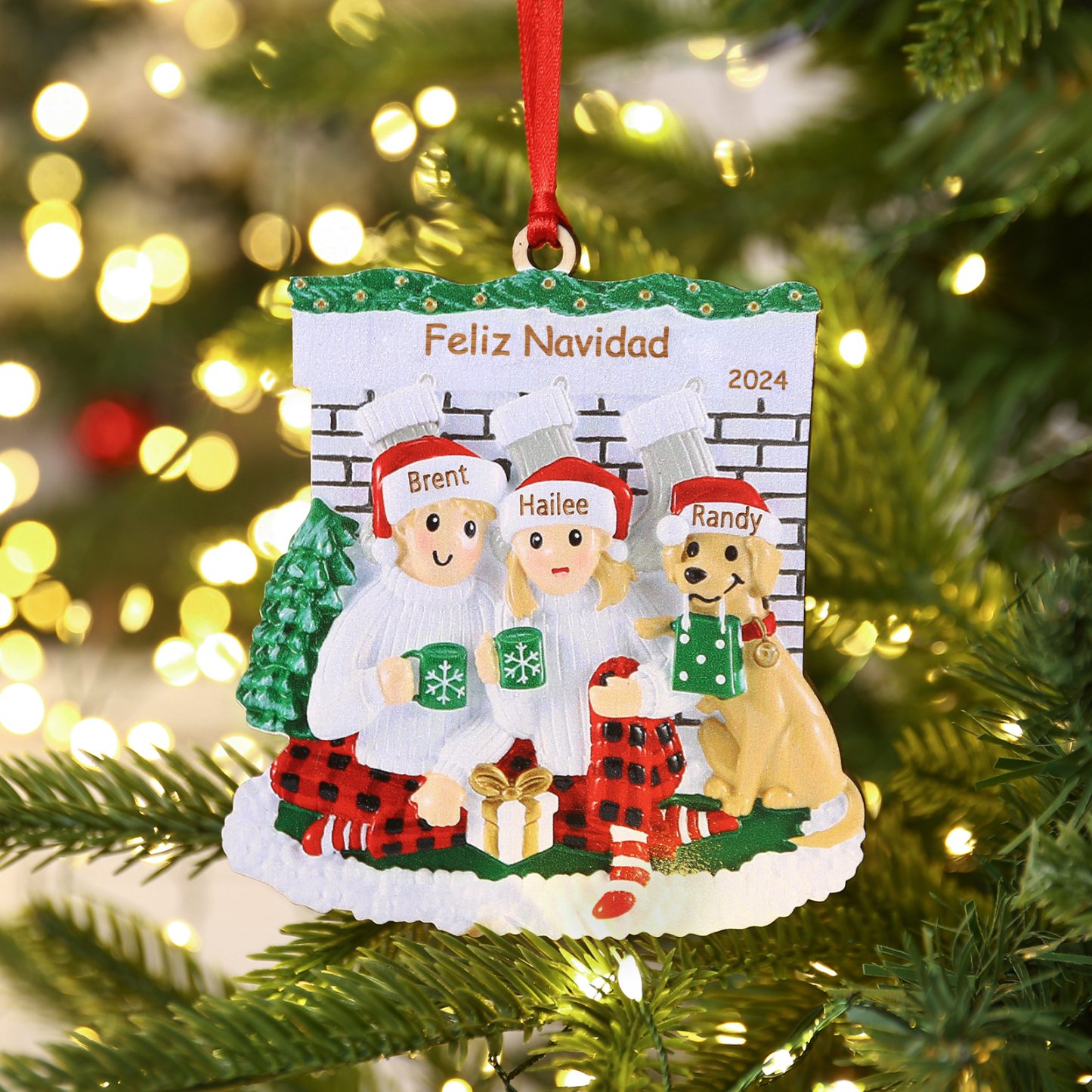 Navidad-Muñecos Ornamentos Navideños Familia con Perro 3-5 Nombres, Año y Texto Personalizados Adorno de Madera-Jessemade ES