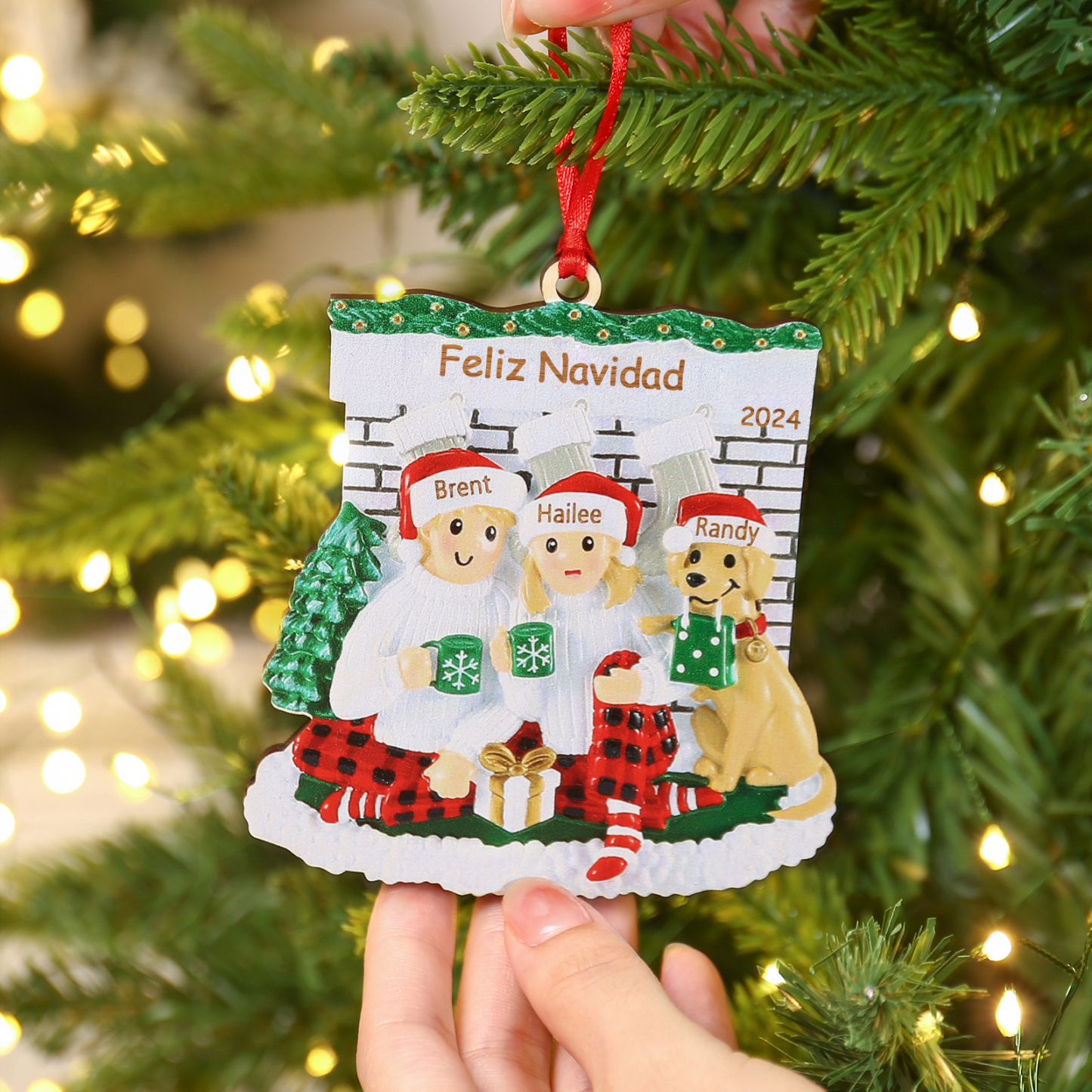 Navidad-Muñecos Ornamentos Navideños Familia con Perro 3-5 Nombres, Año y Texto Personalizados Adorno de Madera-Jessemade ES