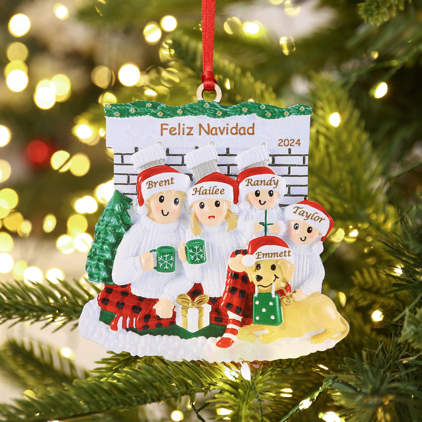 Navidad-Muñecos Ornamentos Navideños Familia con Perro 3-5 Nombres, Año y Texto Personalizados Adorno de Madera-Jessemade ES