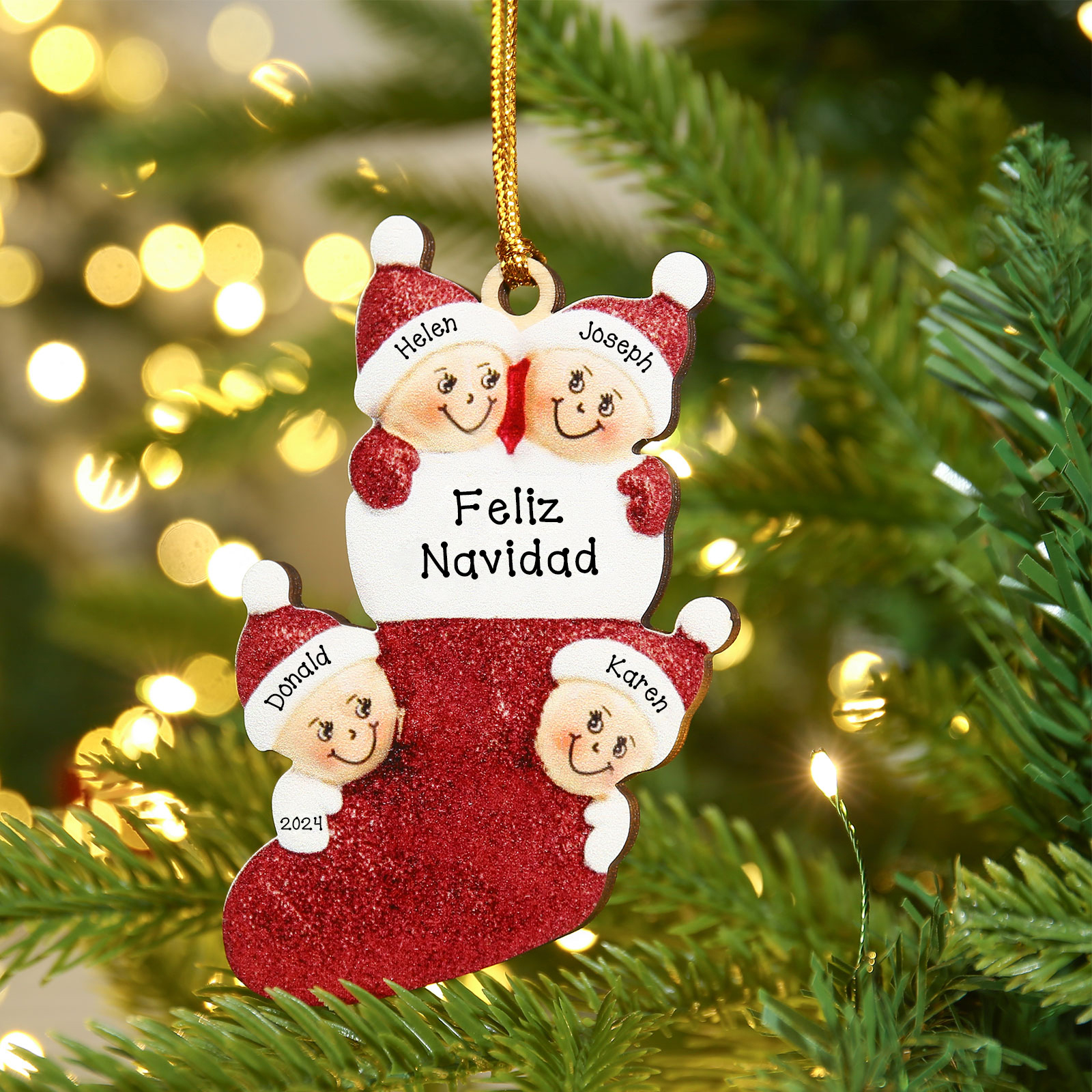 Navidad-Ornamentos Navideños de Madera Calcetín 4 Nombres con Texto Personalizados