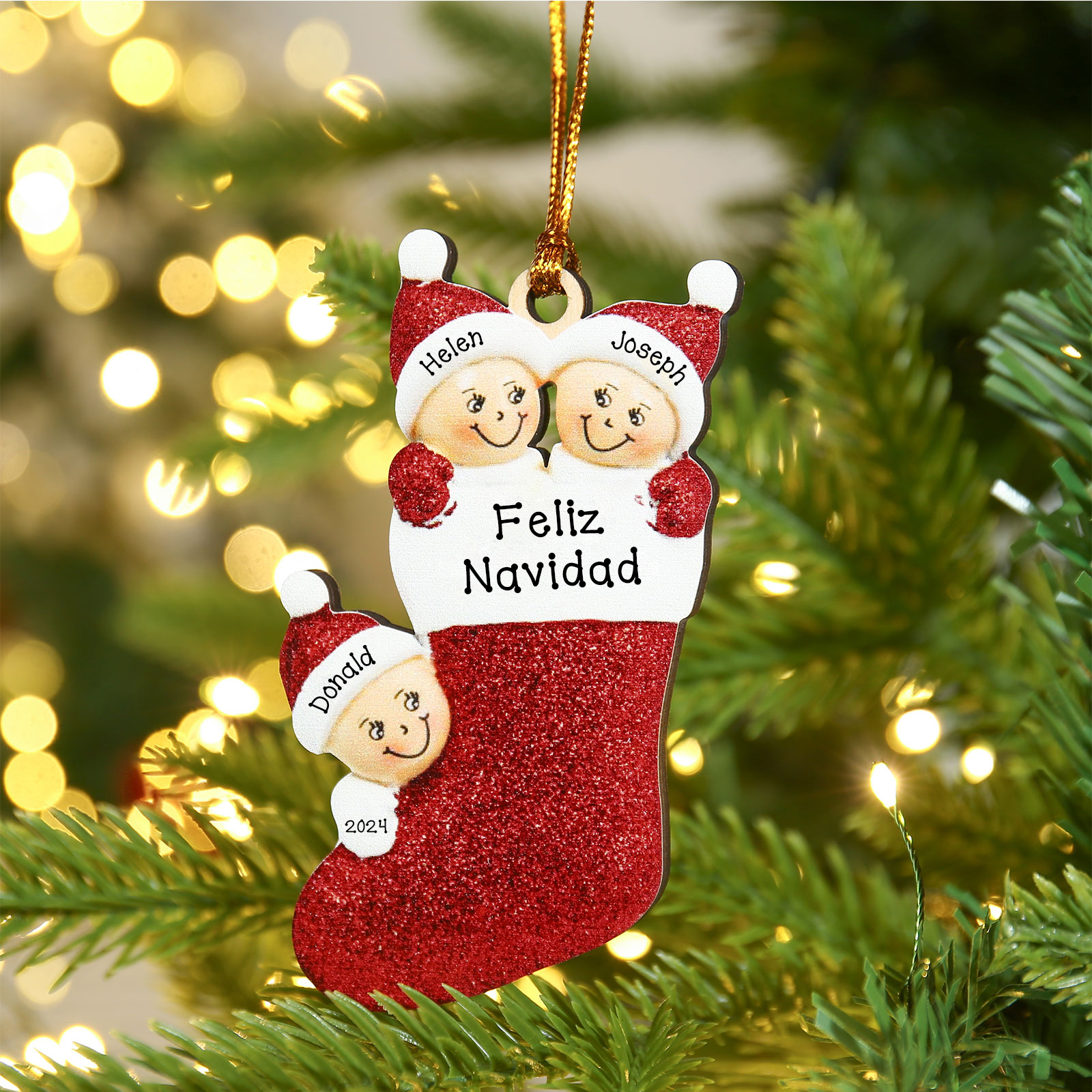 Navidad-Ornamentos Navideños de Madera Calcetín 3 Nombres con Texto Personalizados