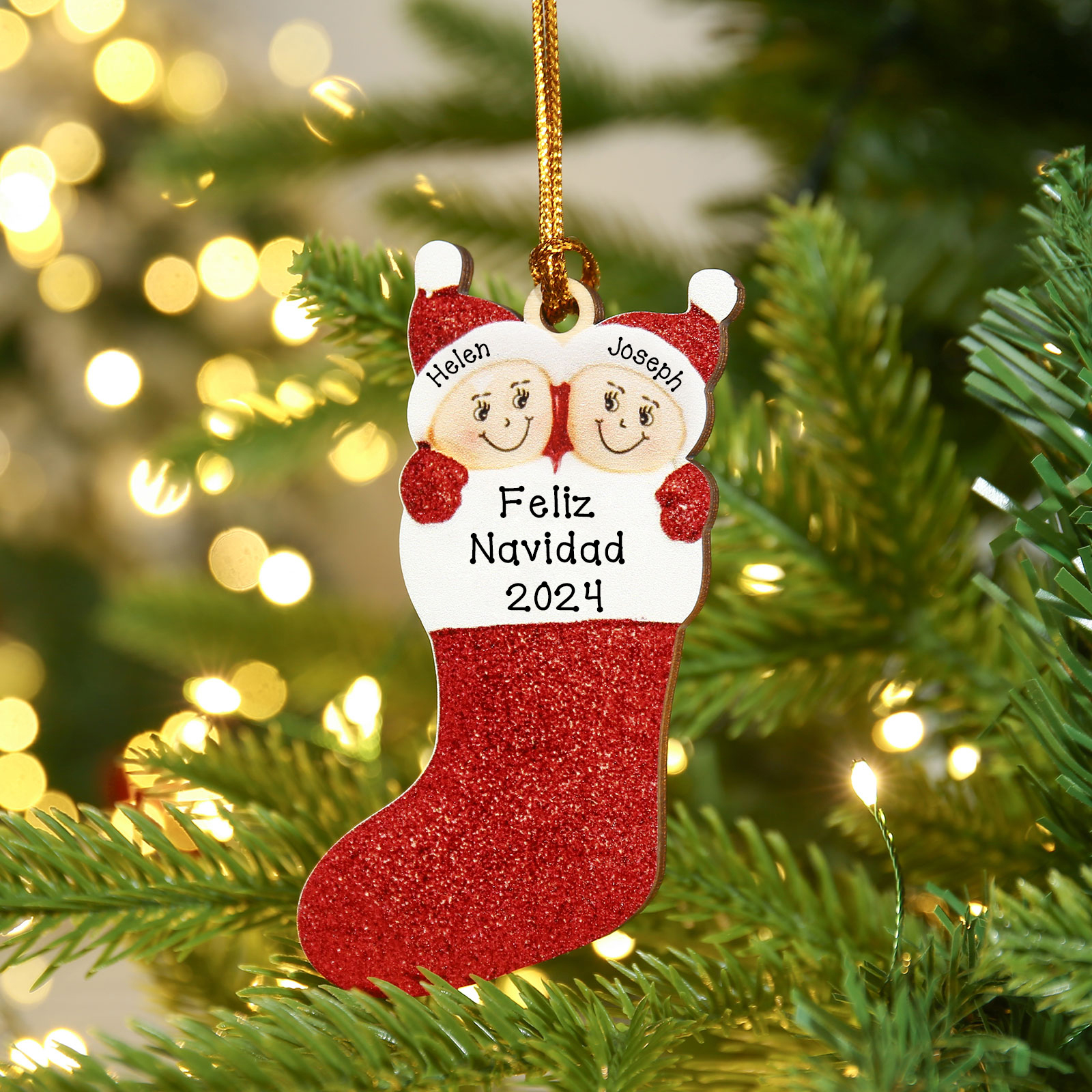 Navidad-Ornamentos Navideños de Madera Calcetín 2 Nombres con Texto Personalizados
