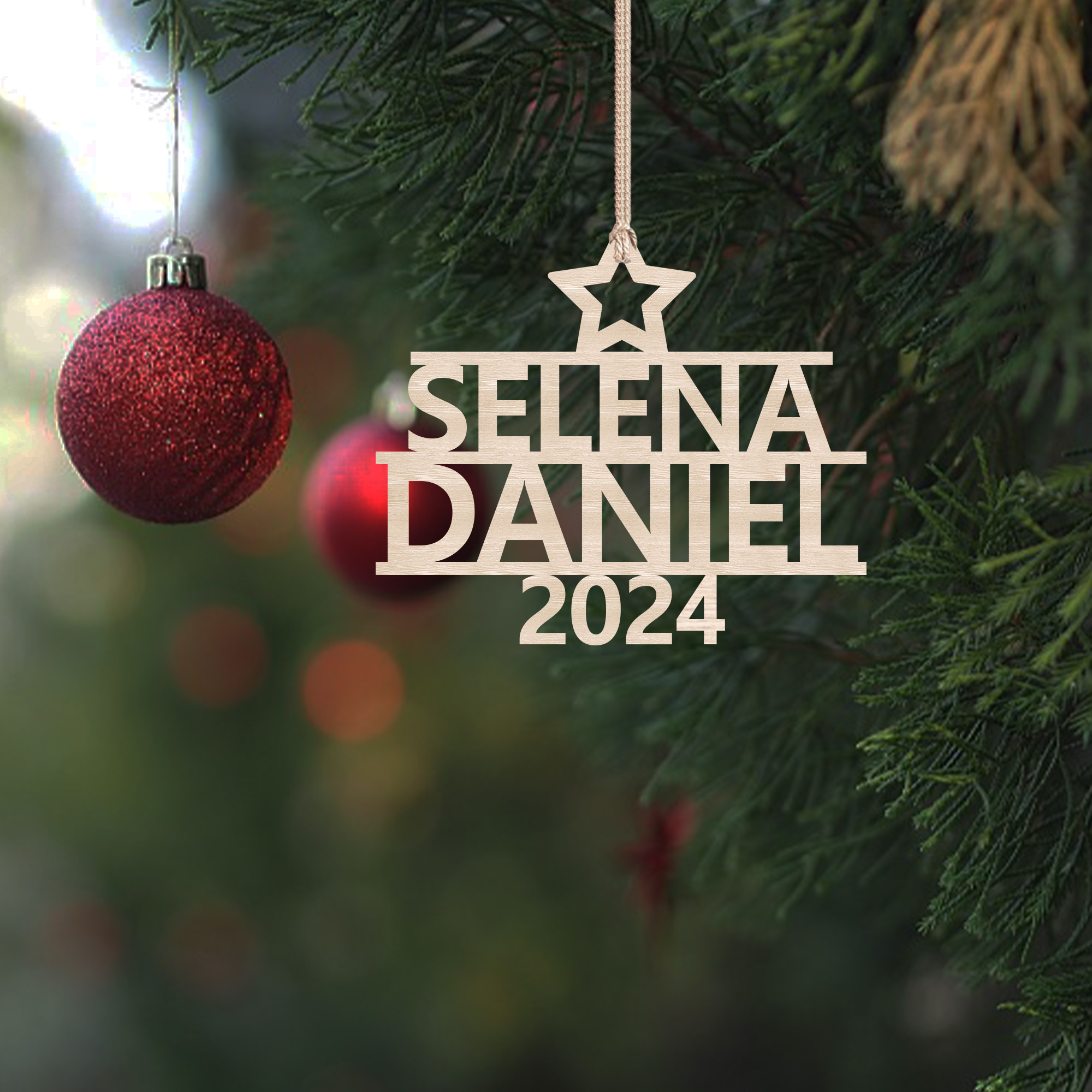 Navidad-Ornamento navideño de madera árbol de nombres con 2 nombres y año personalizados