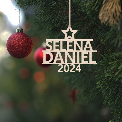 Navidad-Ornamento navideño de madera árbol de nombres con 2 nombres y año personalizados