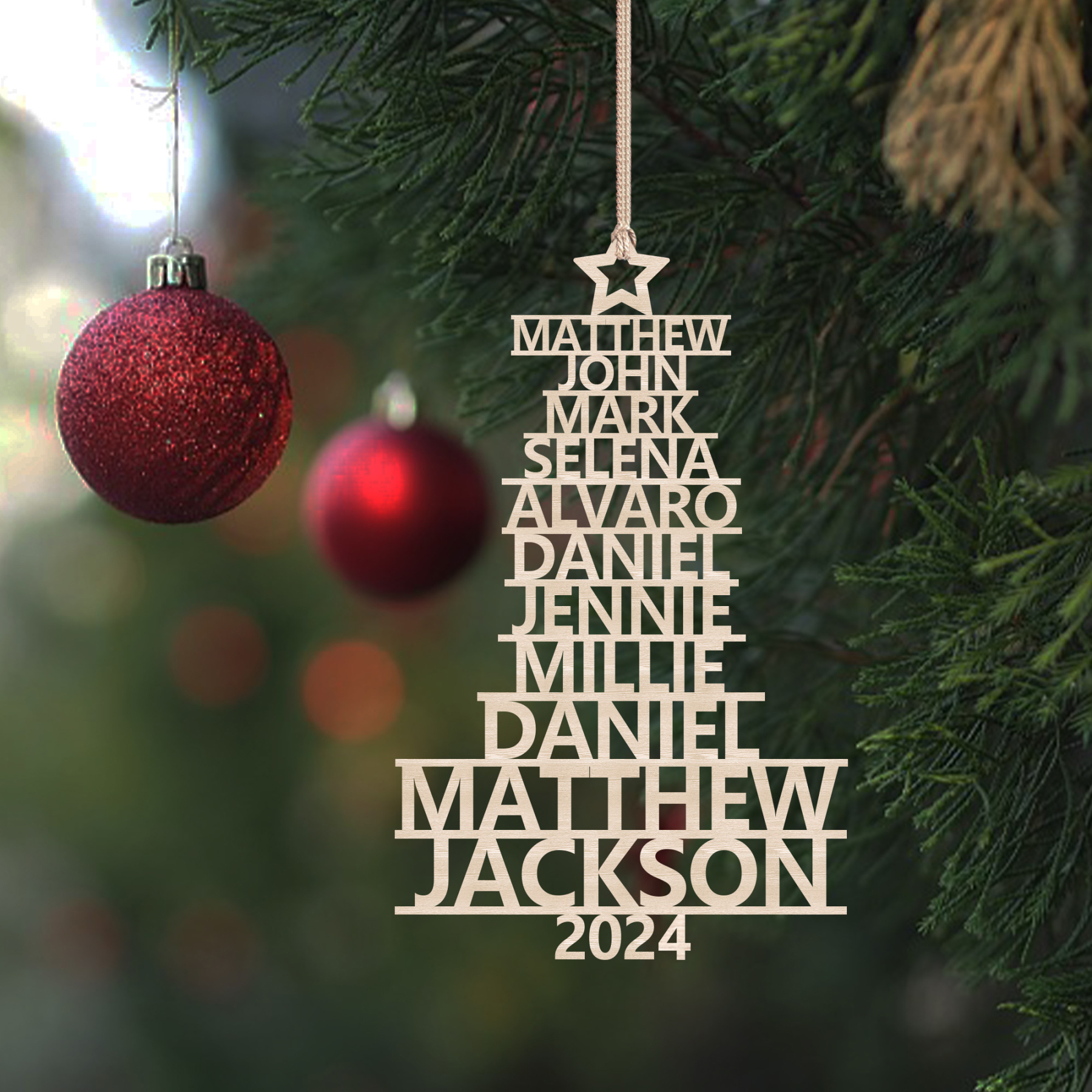 Navidad-Ornamento navideño de madera árbol de nombres con 11 nombres y año personalizados