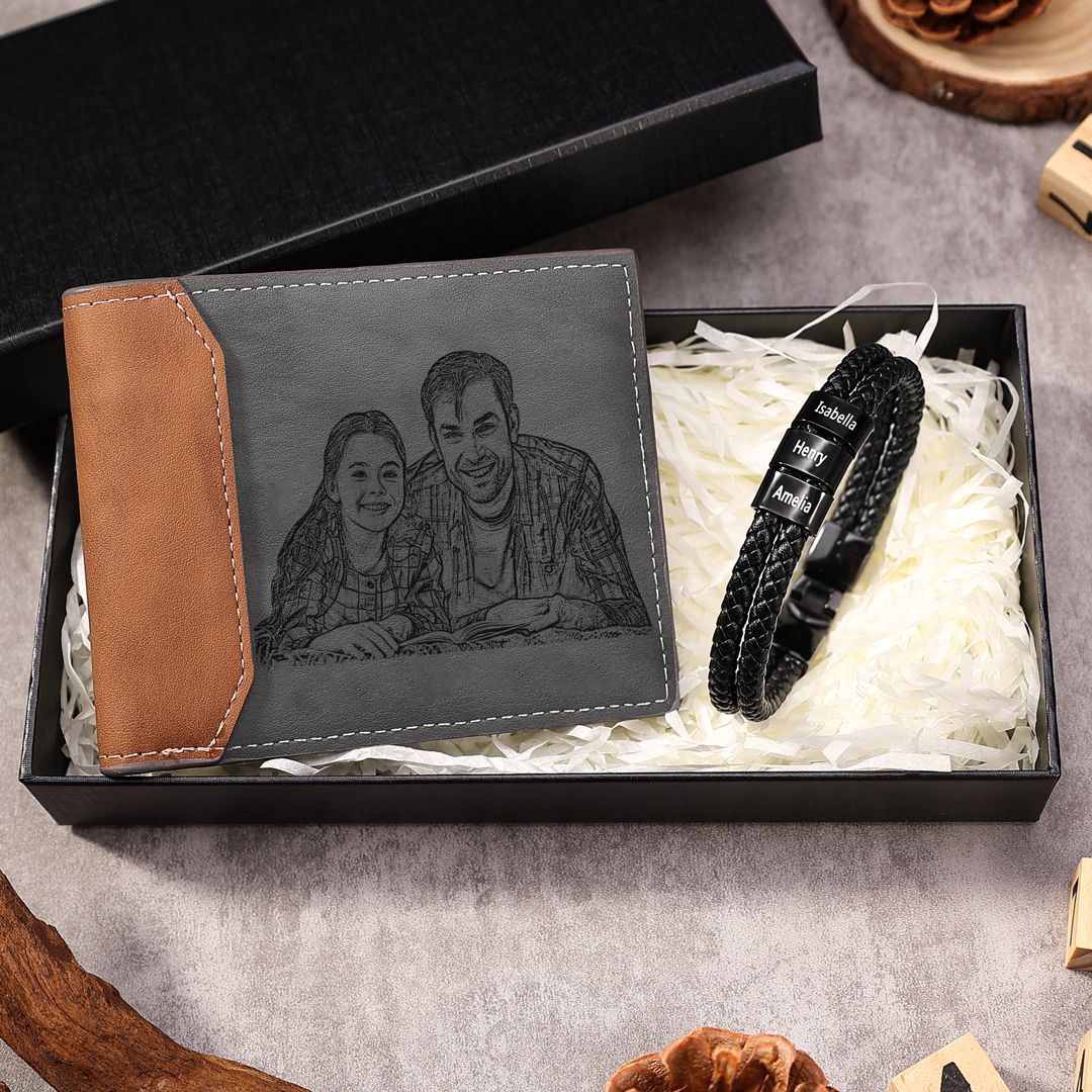 Kit de regalo pulsera de cuero y cartera con caja pulsera de 3 nombres foto, nombre y letra personalizados en cartera | Jessemade