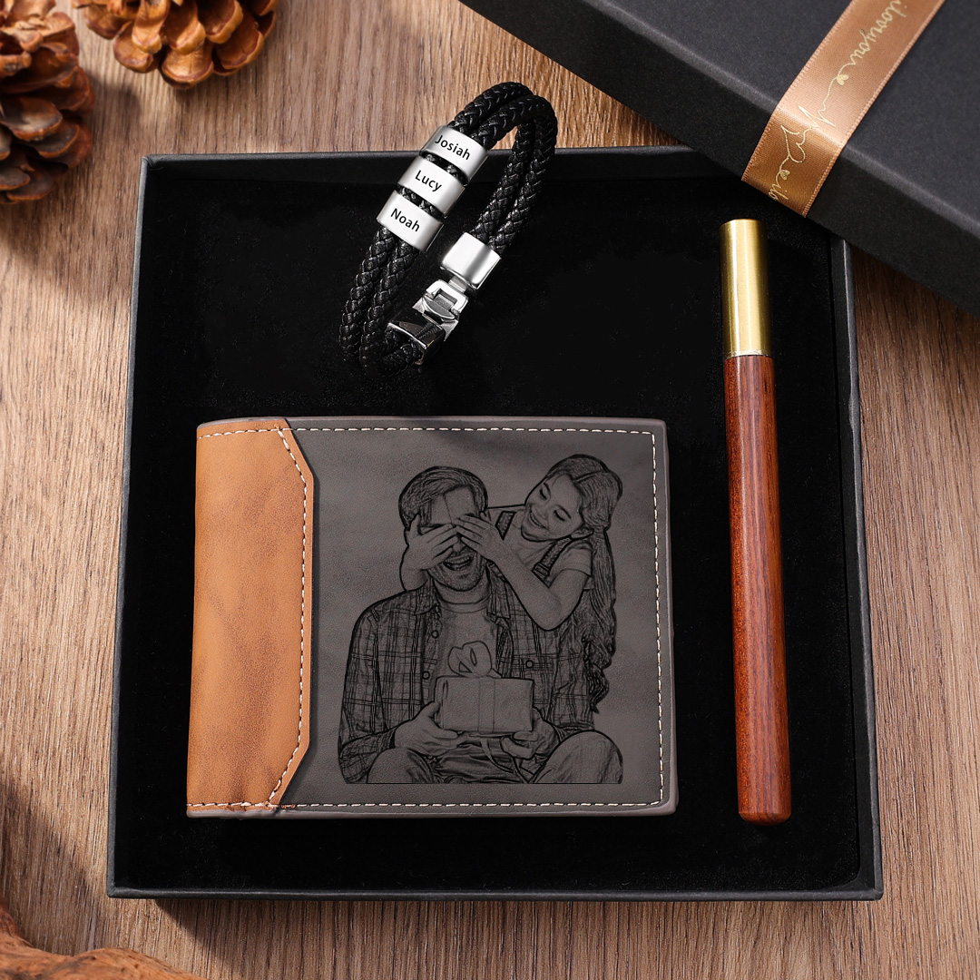 Kit de regalo pulsera de cuero, cartera y bolígrafo con caja pulsera de 3 nombres foto, nombre y letra personalizados en cartera | Jessemade