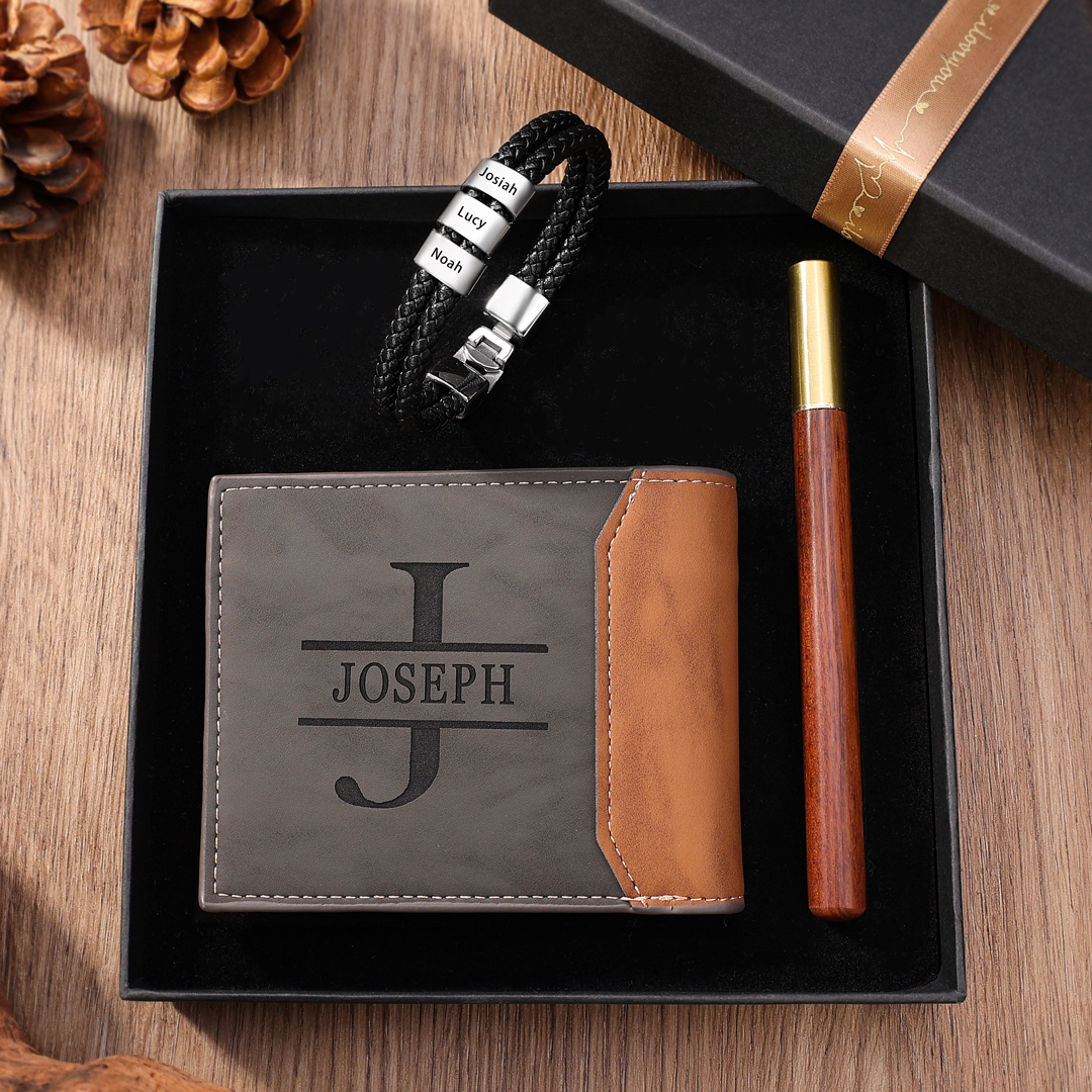 Kit de regalo pulsera de cuero, cartera y bolígrafo con caja pulsera de 3 nombres foto, nombre y letra personalizados en cartera | Jessemade