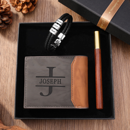 Kit de regalo pulsera de cuero, cartera y bolígrafo con caja pulsera de 3 nombres foto, nombre y letra personalizados en cartera | Jessemade