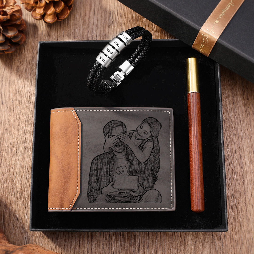 Kit de regalo pulsera de cuero, cartera y bolígrafo con caja pulsera de 4 nombres foto, nombre y letra personalizados en cartera | Jessemade