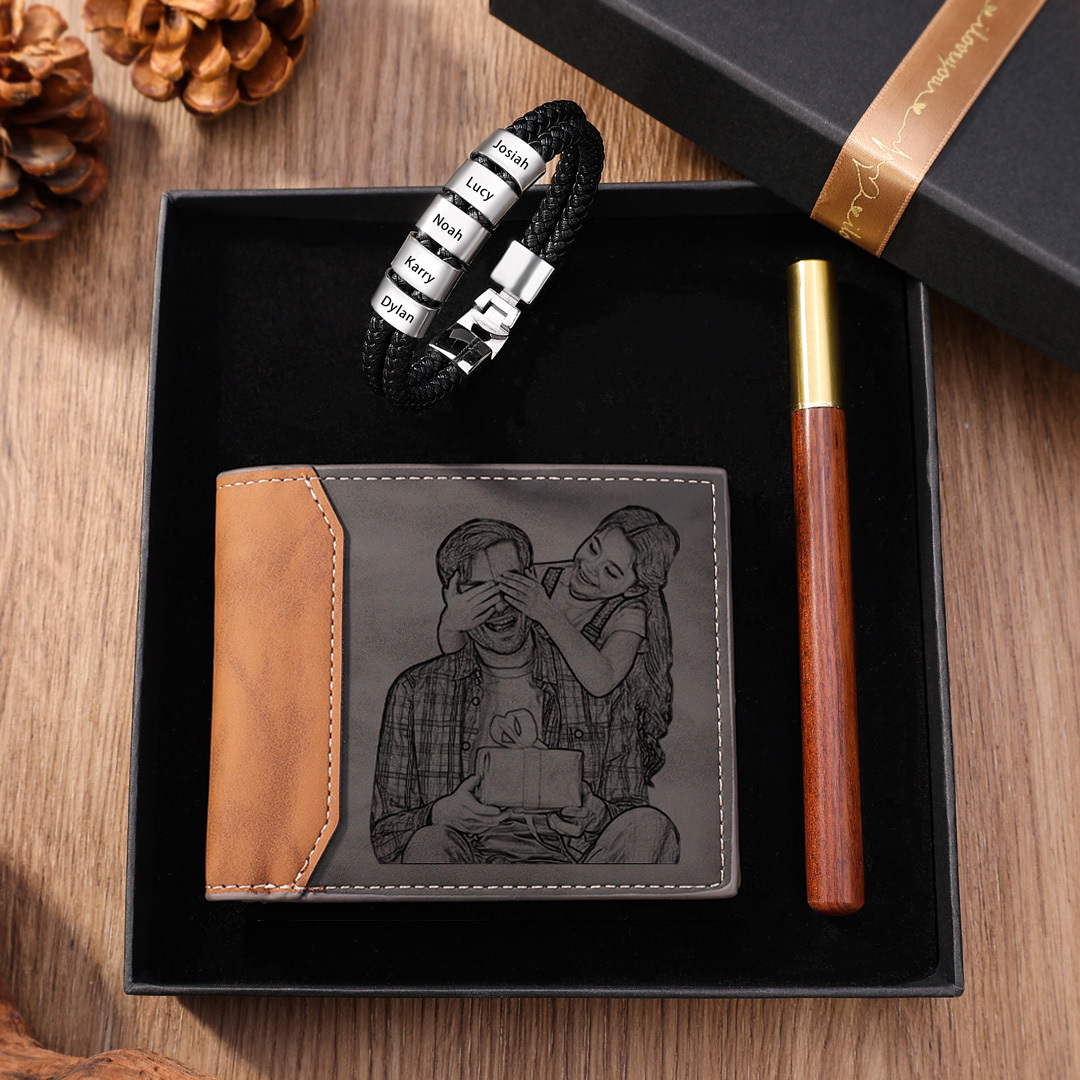 Kit de regalo pulsera de cuero, cartera y bolígrafo con caja pulsera de 5 nombres foto, nombre y letra personalizados en cartera | Jessemade
