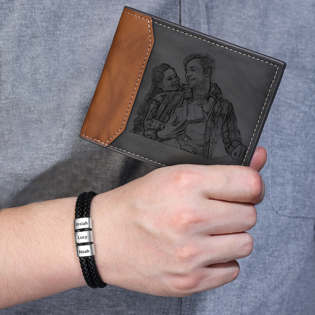 Kit de regalo pulsera de cuero, cartera y bolígrafo con caja pulsera de 3 nombres foto, nombre y letra personalizados en cartera | Jessemade