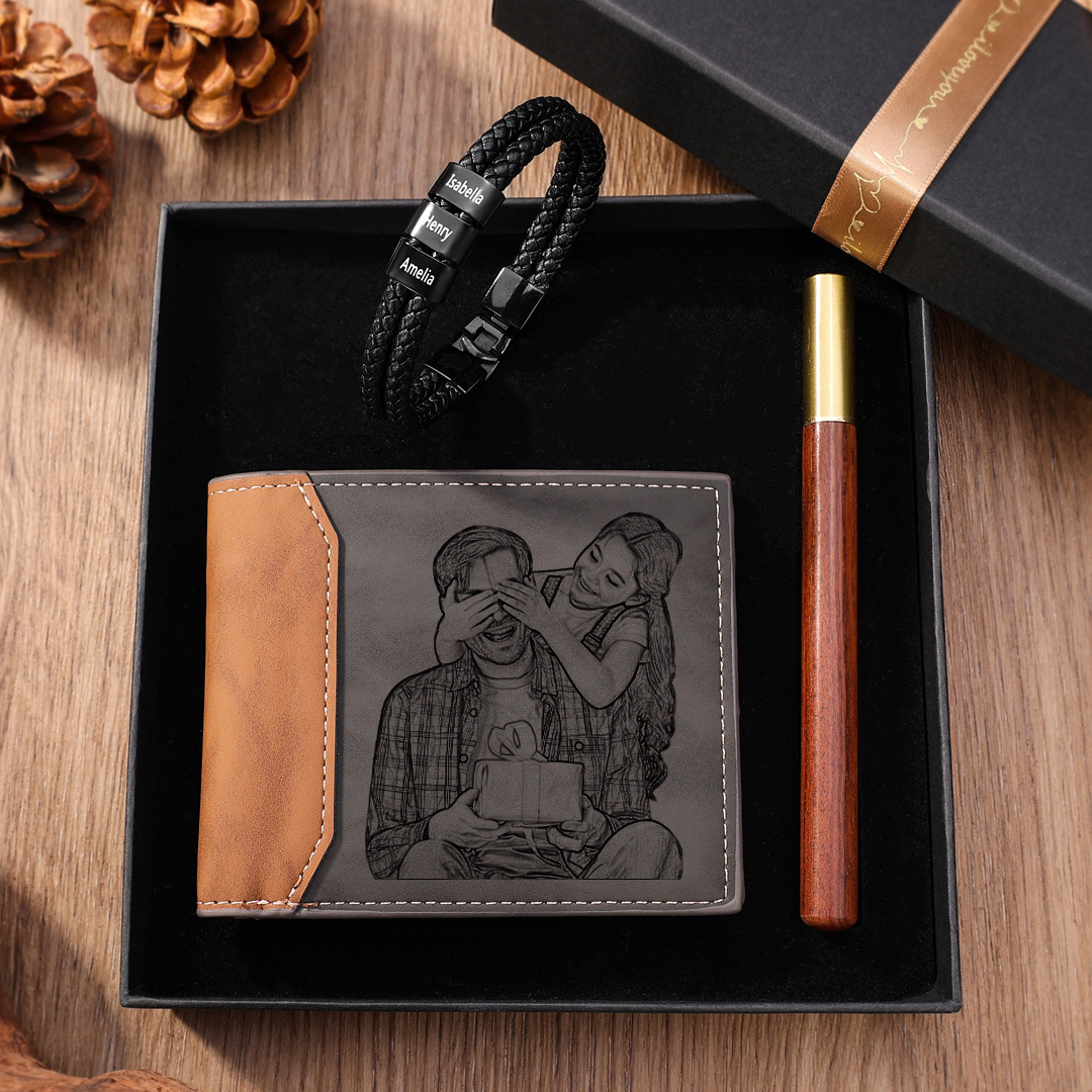 Kit de regalo pulsera de cuero, cartera y bolígrafo con caja pulsera de 3 nombres foto, nombre y letra personalizados en cartera | Jessemade