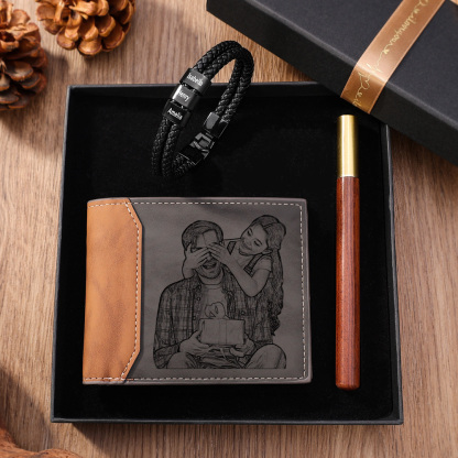 Kit de regalo pulsera de cuero, cartera y bolígrafo con caja pulsera de 3 nombres foto, nombre y letra personalizados en cartera | Jessemade