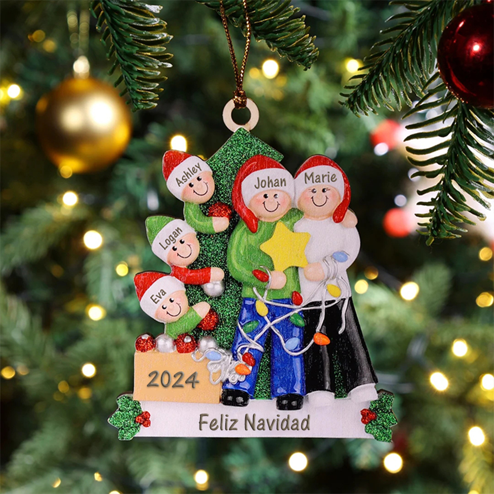 Navidad-Ornamento de madera con muñecos 5 nombres, año y 1 texto personalizados adorno de árbol | Jessemade