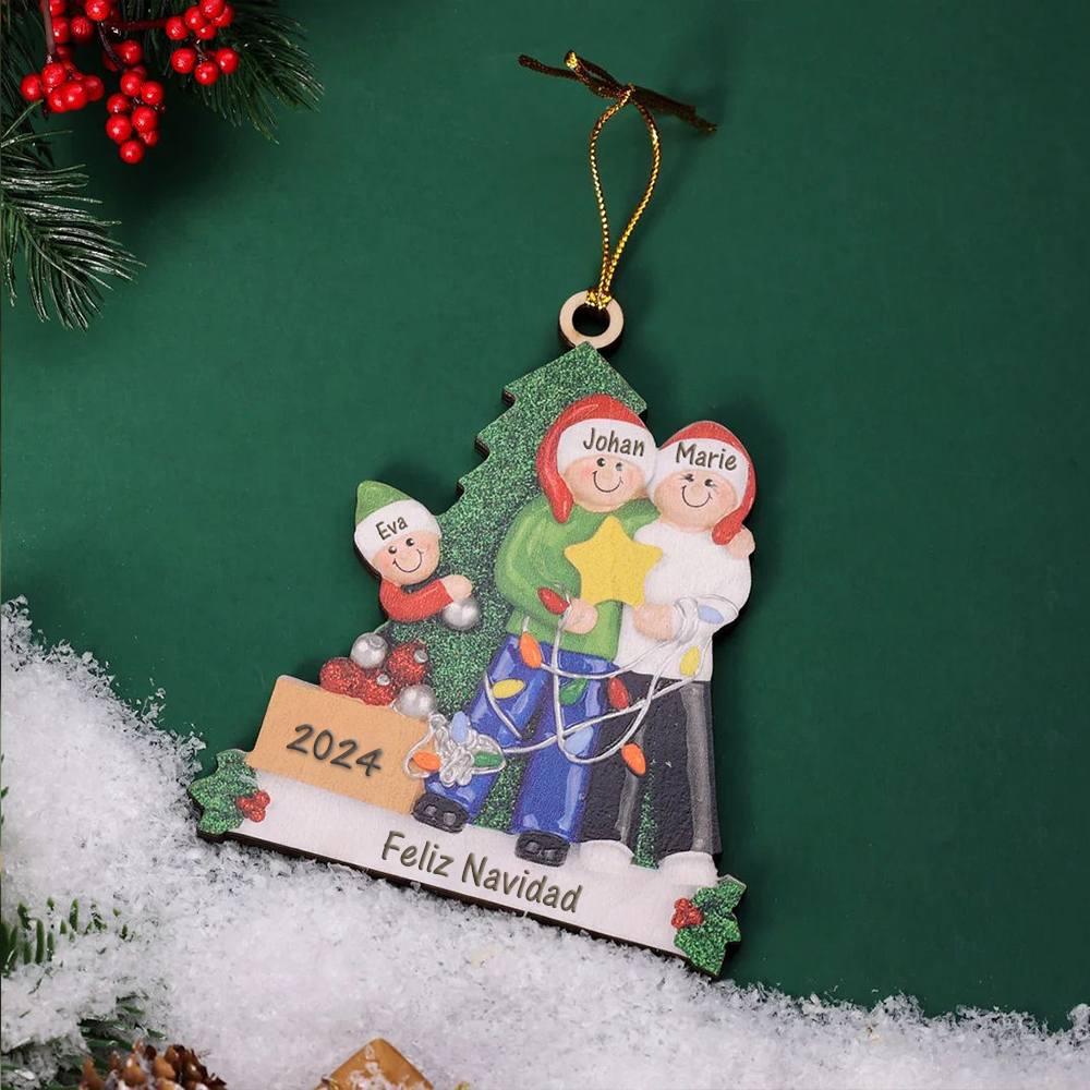 Navidad-Ornamento de madera con muñecos 3 nombres, año y 1 texto personalizados adorno de árbol | Jessemade