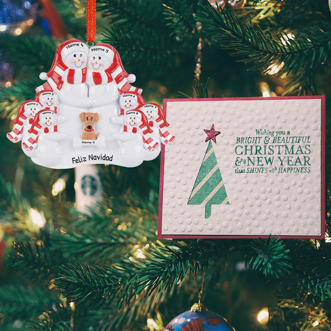 Navidad-Muñecos Ornamentos Navideños Familia con Perro 3 Nombres con Texto Personalizados Adorno de Madera