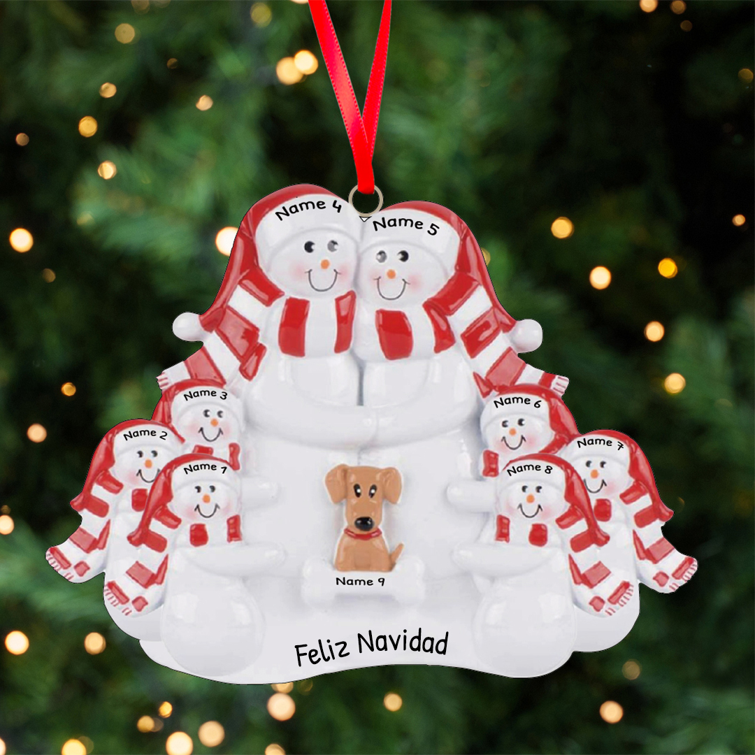 Navidad-Muñecos Ornamentos Navideños Familia con Perro 9 Nombres con Texto Personalizados Adorno de Madera