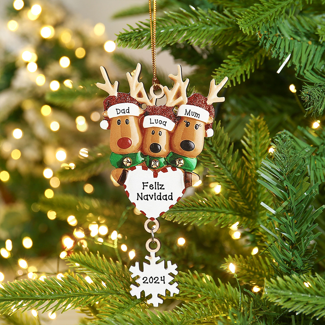 Navidad-Ornamentos Navideños de Madera Renos 3 Nombres con Texto y Año Personalizados