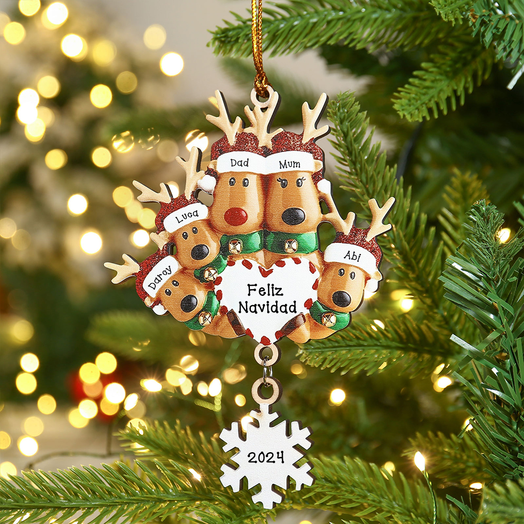Navidad-Ornamentos Navideños de Madera Renos 5 Nombres con Texto y Año Personalizados
