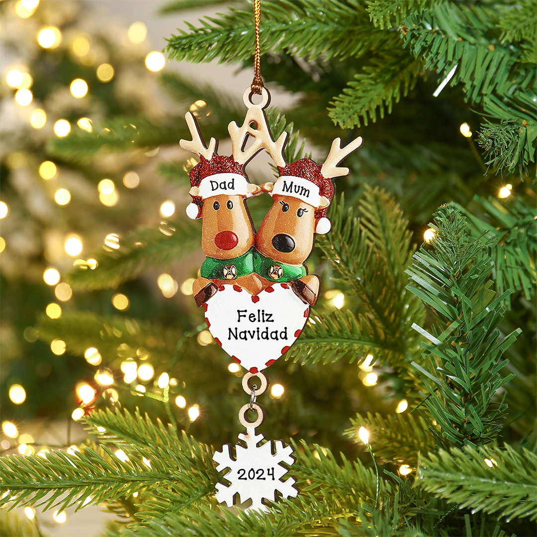Navidad-Ornamentos Navideños de Madera Renos 2 Nombres con Texto y Año Personalizados