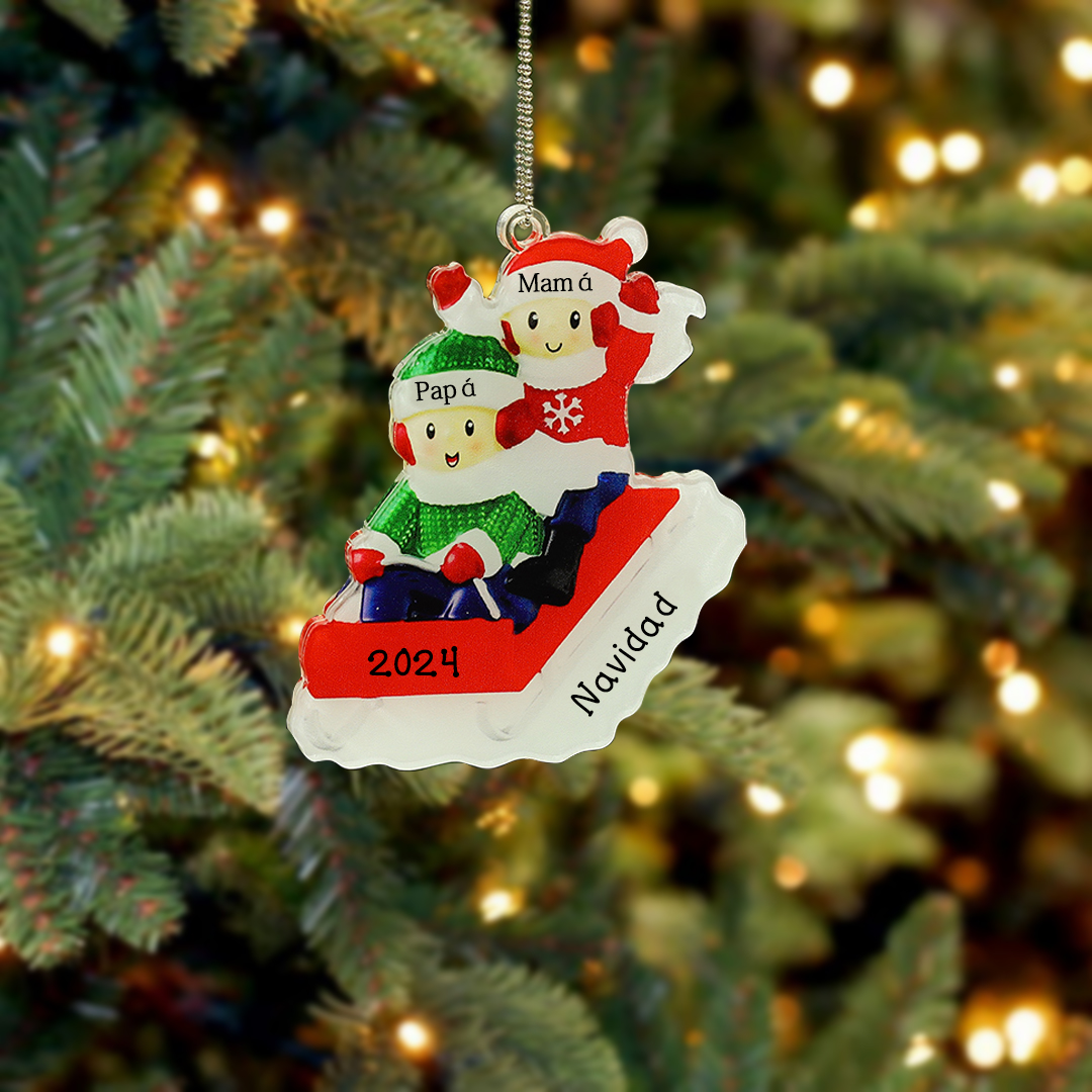Navidad-Ornamentos Navideños de Acrílico Carro de Esquí 2 Nombres con Texto y Año Personalizados
