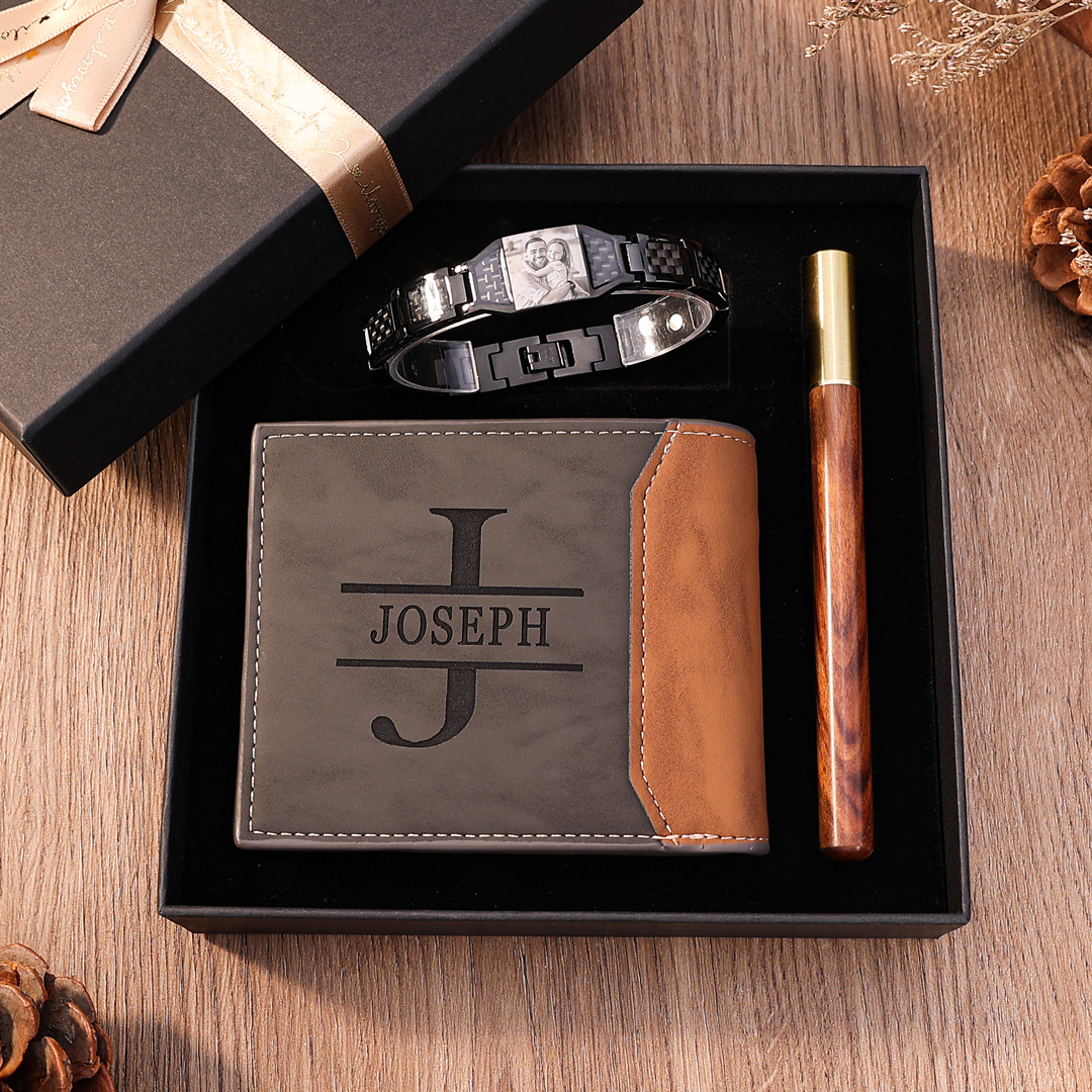 Kit de regalo cartera, pulsera y bolígrafo con caja con foto, 1 nombre y 1 letra personalizados | Jessemade