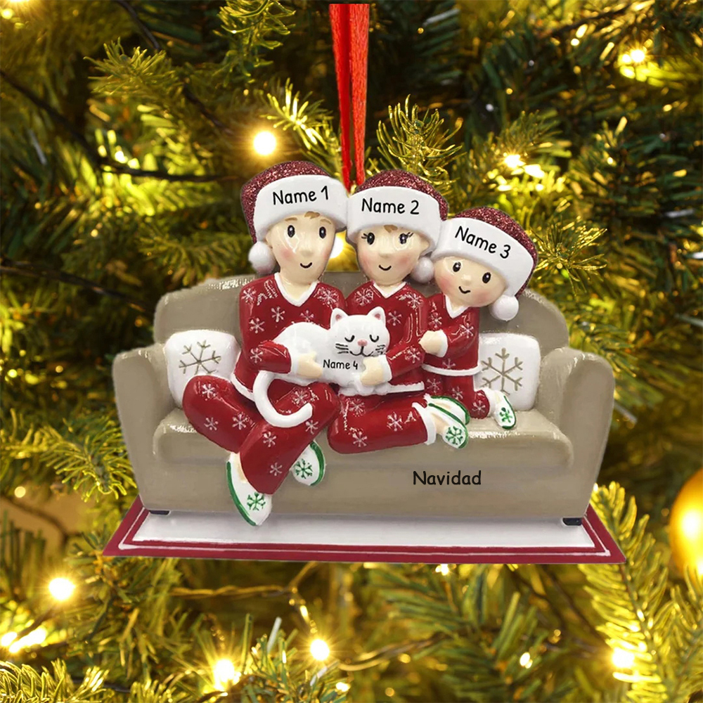 Navidad-Muñecos Ornamentos Navideños Familia con Gato 4 Nombres con Texto Personalizados Adorno de Madera