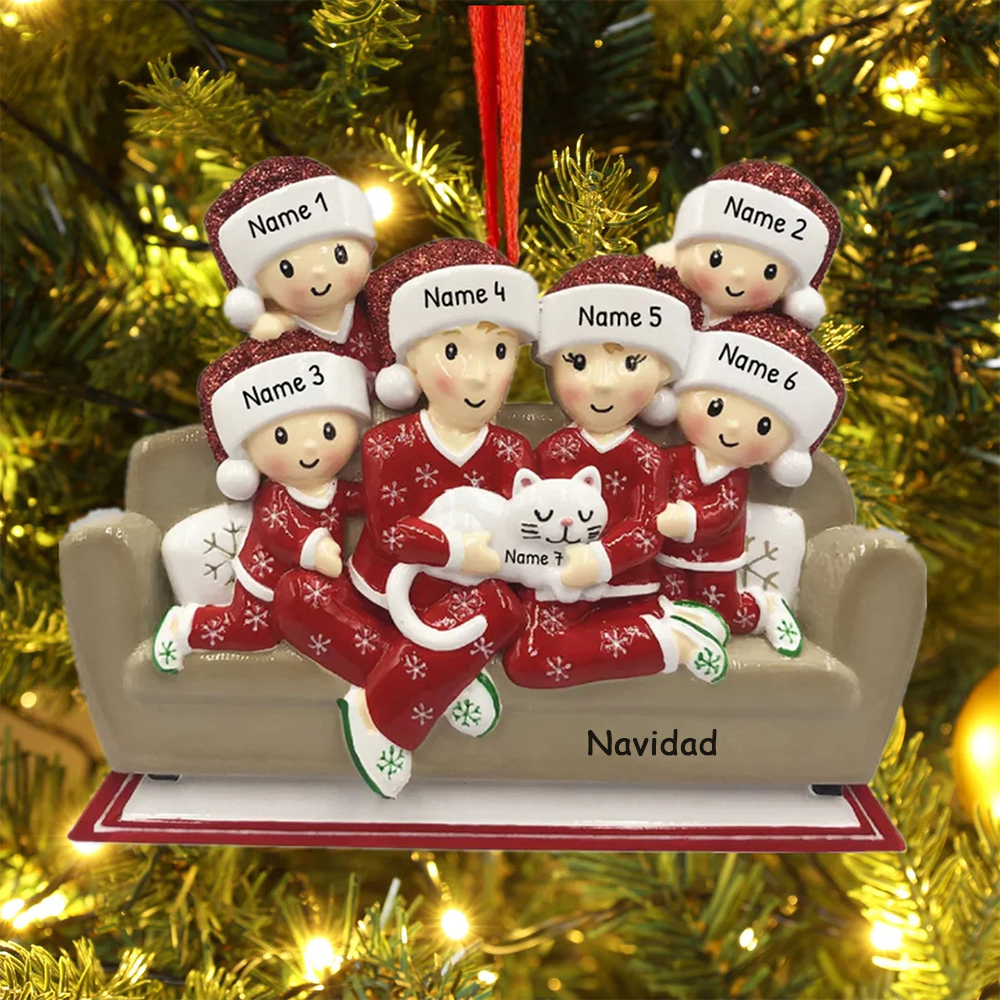 Navidad-Muñecos Ornamentos Navideños Familia con Gato 7 Nombres con Texto Personalizados Adorno de Madera