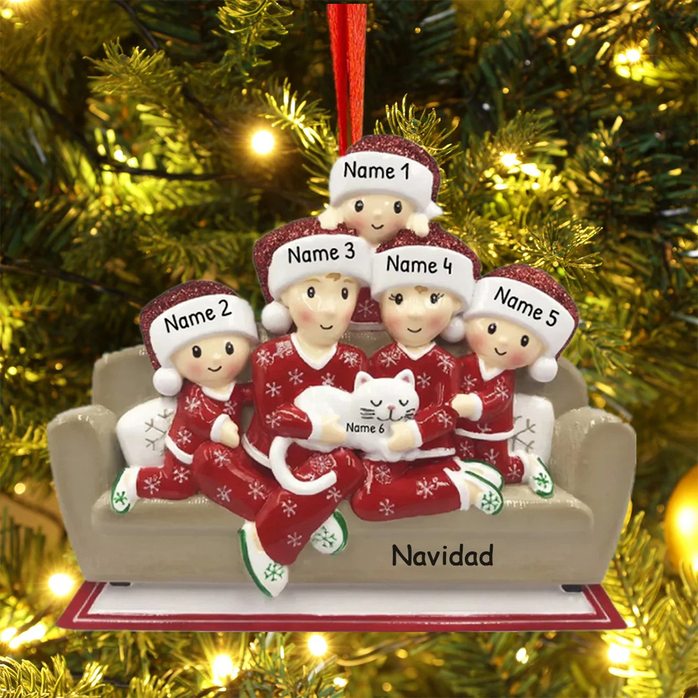 Navidad-Muñecos Ornamentos Navideños Familia con Gato 6 Nombres con Texto Personalizados Adorno de Madera