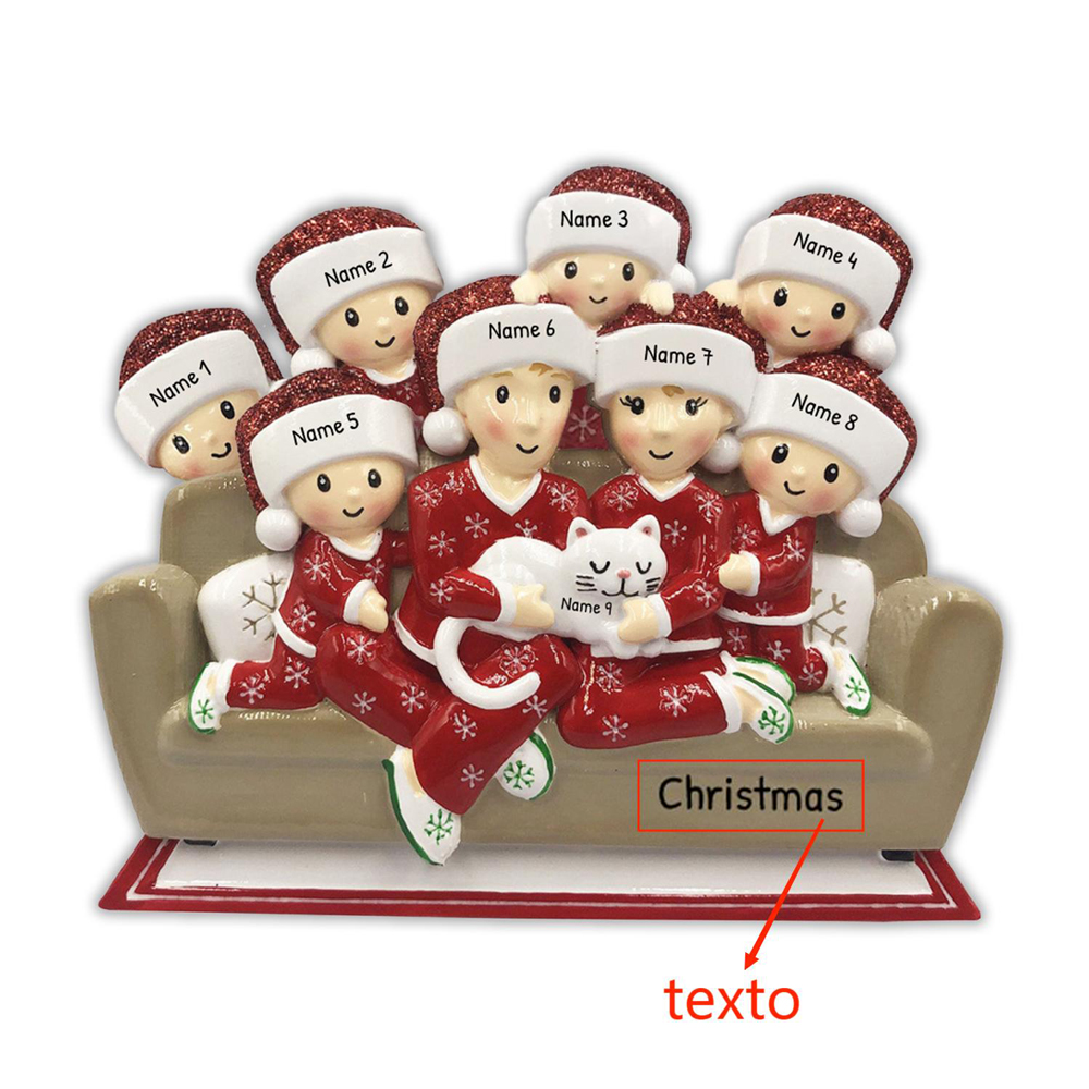 Navidad-Muñecos Ornamentos Navideños Familia con Gato 9 Nombres con Texto Personalizados Adorno de Madera