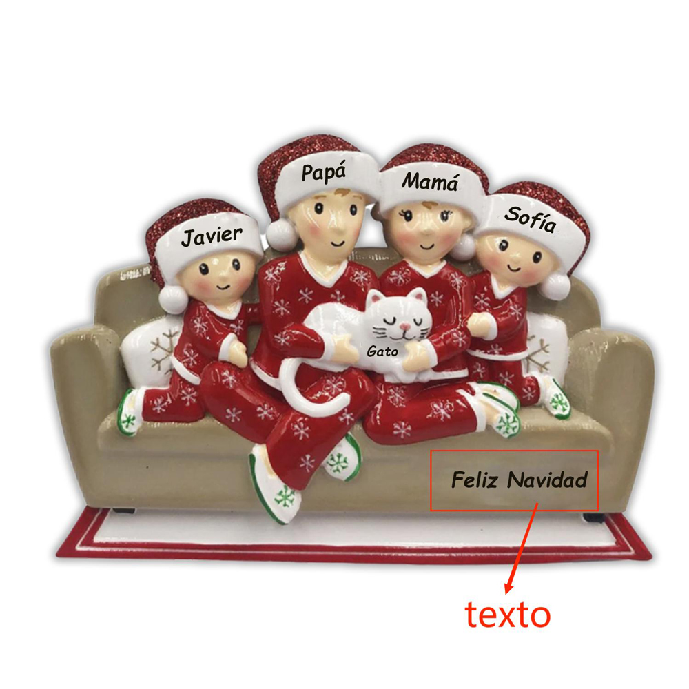 Navidad-Muñecos Ornamentos Navideños Familia con Gato 5 Nombres con Texto Personalizados Adorno de Madera