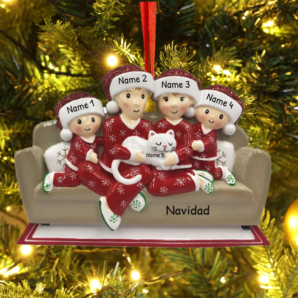 Navidad-Muñecos Ornamentos Navideños Familia con Gato 5 Nombres con Texto Personalizados Adorno de Madera