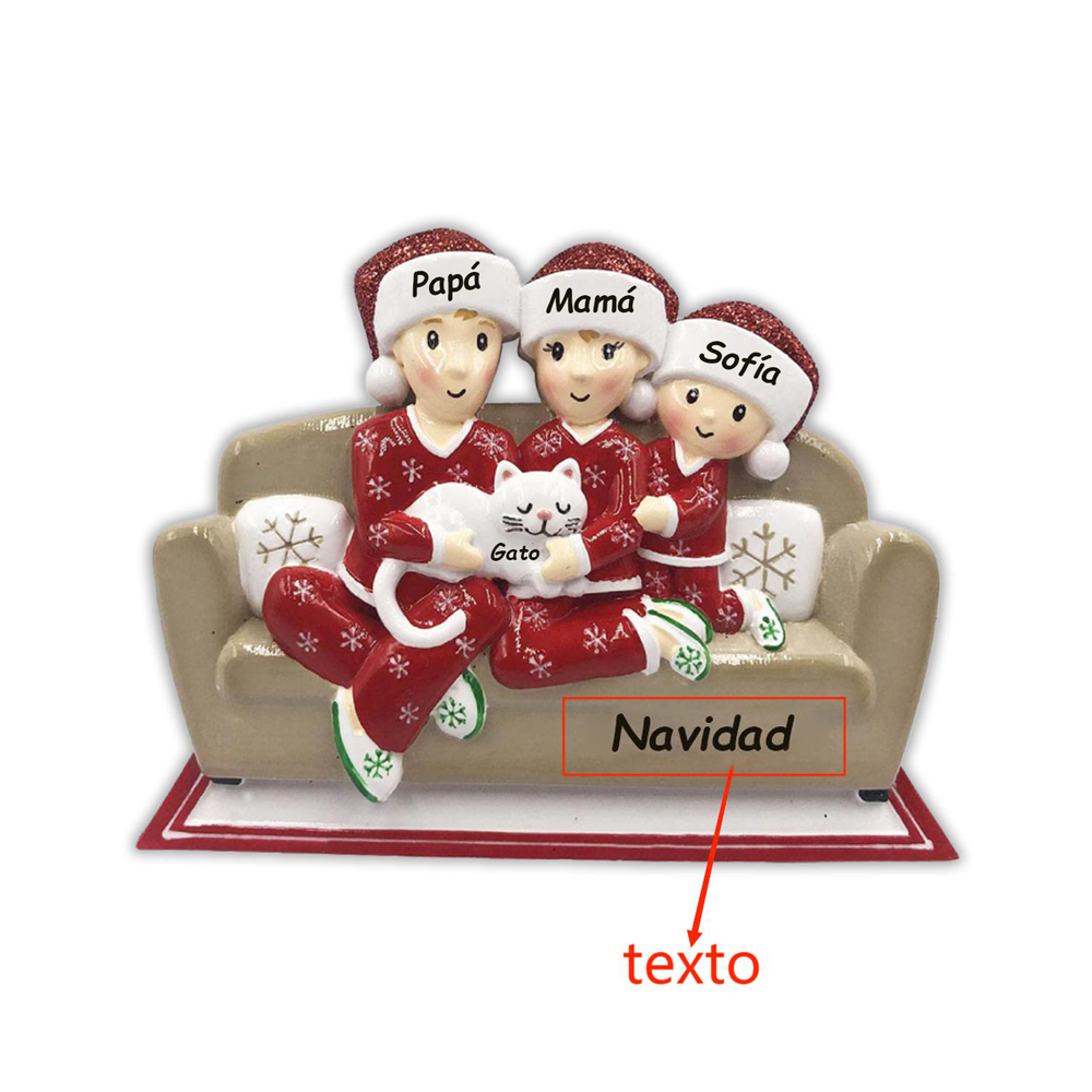 Navidad-Muñecos Ornamentos Navideños Familia con Gato 4 Nombres con Texto Personalizados Adorno de Madera
