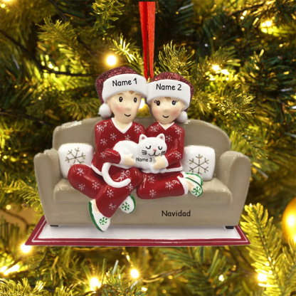Navidad-Muñecos Ornamentos Navideños Familia con Gato 3 Nombres con Texto Personalizados Adorno de Madera
