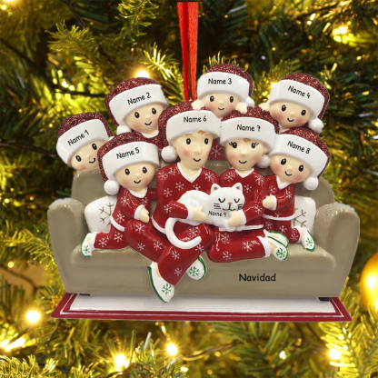 Navidad-Muñecos Ornamentos Navideños Familia con Gato 9 Nombres con Texto Personalizados Adorno de Madera