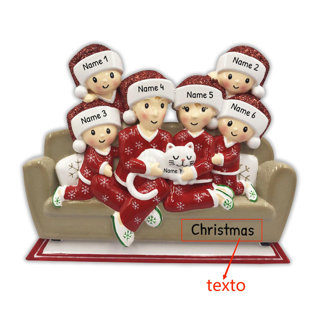 Navidad-Muñecos Ornamentos Navideños Familia con Gato 7 Nombres con Texto Personalizados Adorno de Madera