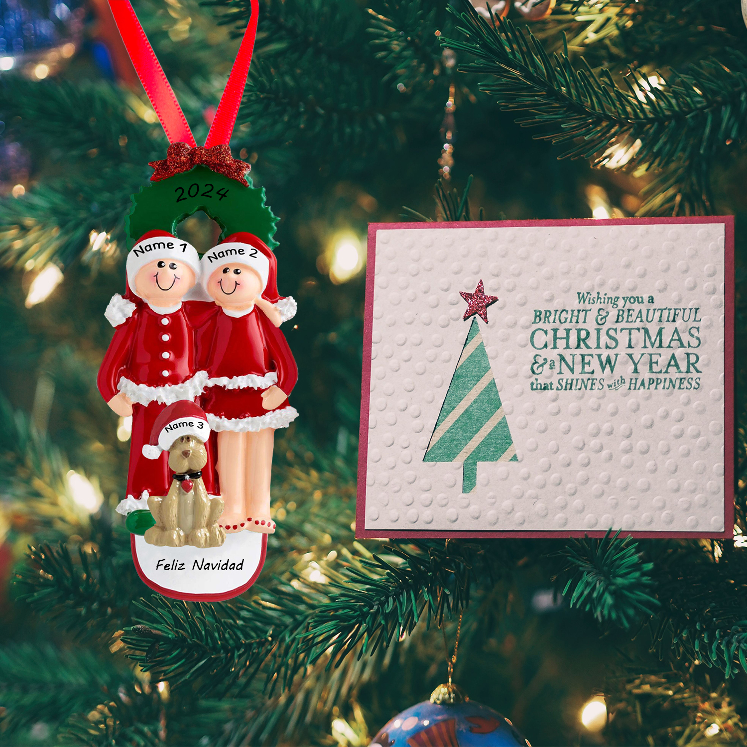 Navidad-Muñecos Ornamentos Navideños con Perro 3 Nombres y 1 Año con Texto Personalizados Adorno de Madera