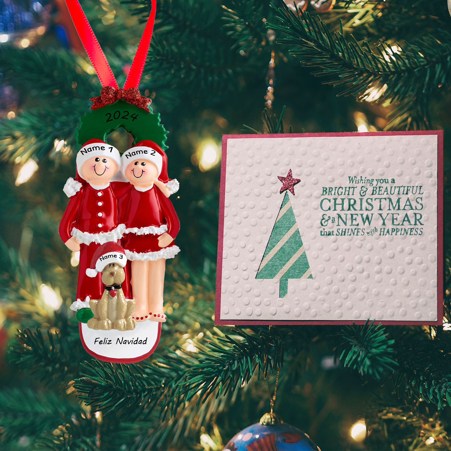 Navidad-Muñecos Ornamentos Navideños con Perro 3 Nombres y 1 Año con Texto Personalizados Adorno de Madera
