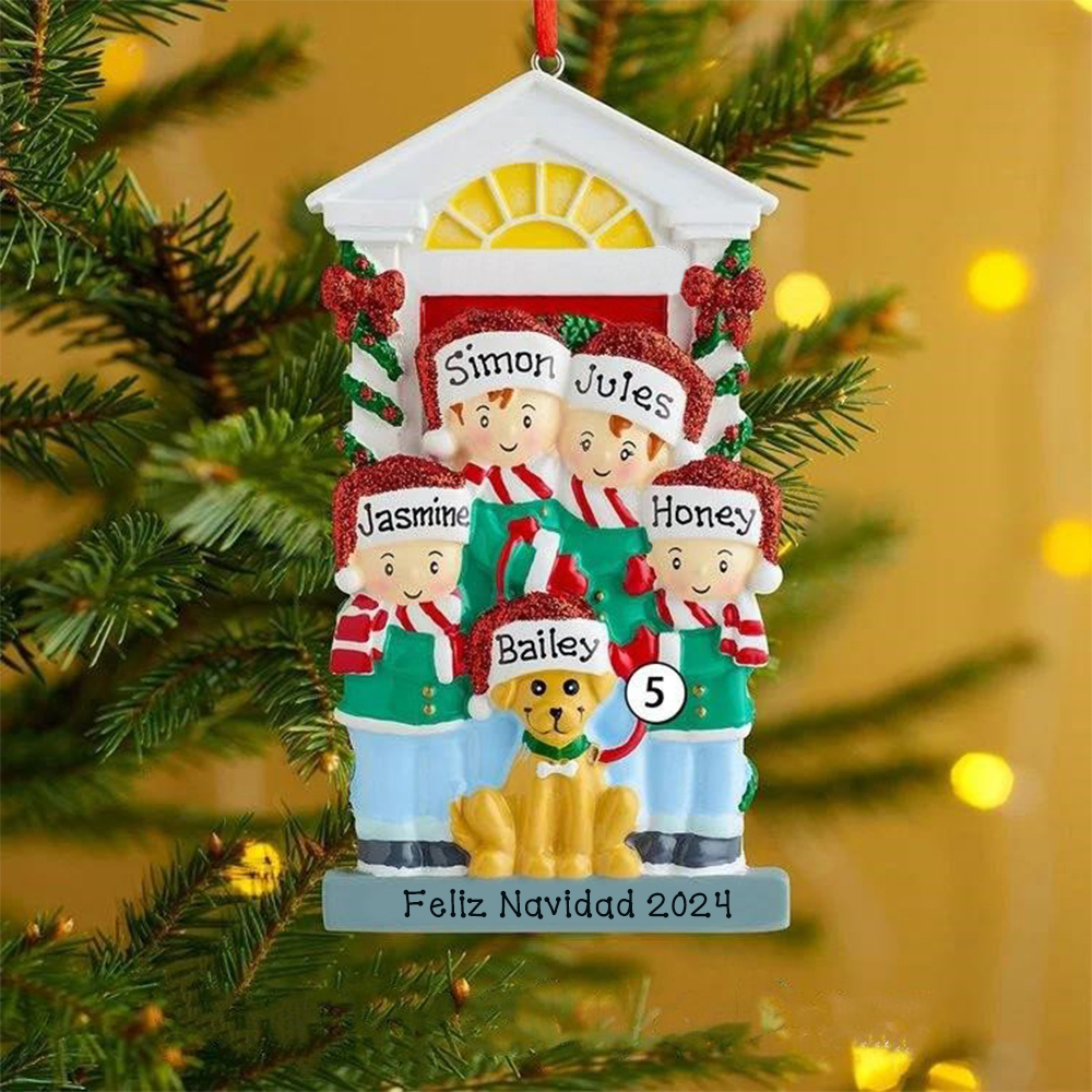 Navidad-Ornamento Navideño con muñecos familia y perrito con 5 nombres personalizados adorno de árbol