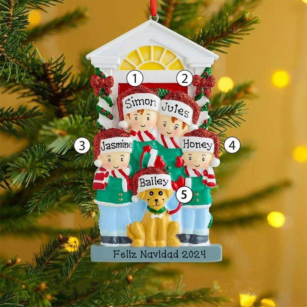 Navidad-Ornamento Navideño con muñecos familia y perrito con 5 nombres personalizados adorno de árbol