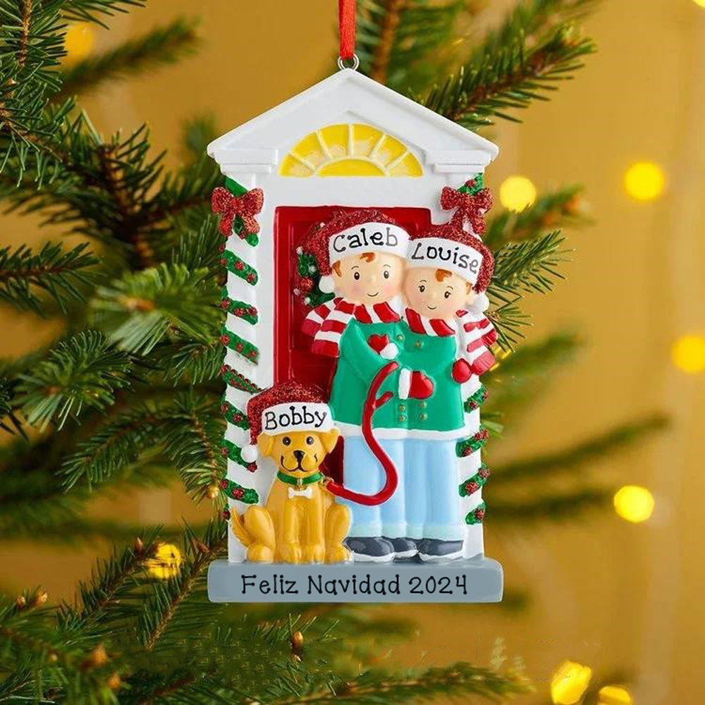 Navidad-Ornamento Navideño con muñecos familia y perrito con 3 nombres personalizados adorno de árbol